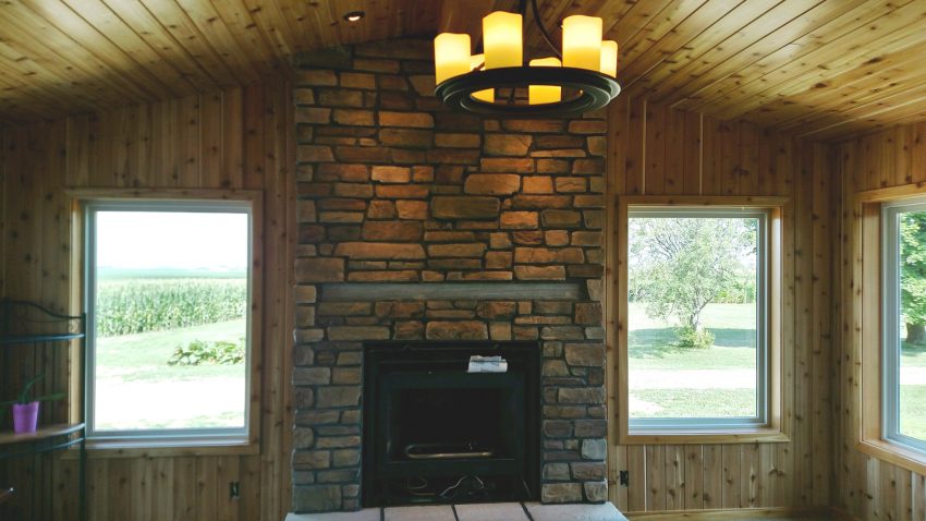 Stone Fireplace in Rustic Cedar Addition