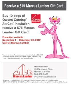 Free $75 Marcus Lumber Gift Card with Owens Corning AttiCat Insulation